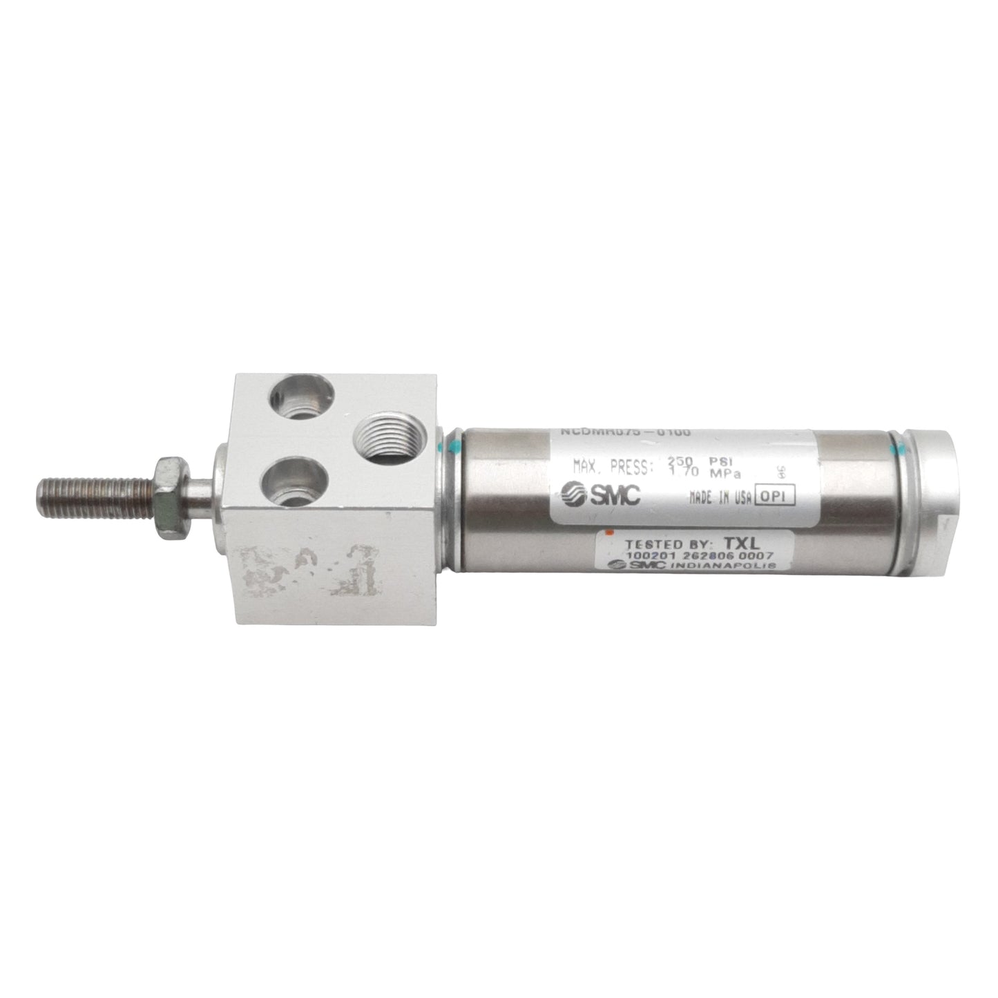 Used SMC NCDMR075-0100 Pneumatic Cylinder, ø3/4in Bore, 1in Stroke, 1/8in NPT, 250psi