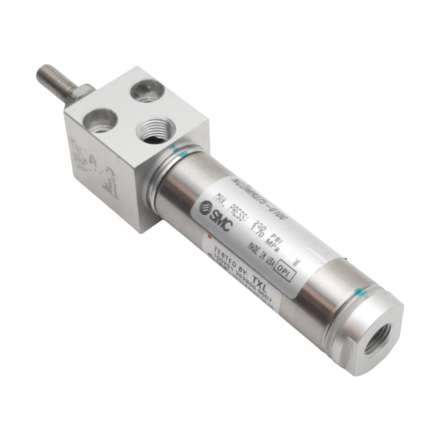 Used SMC NCDMR075-0100 Pneumatic Cylinder, ø3/4in Bore, 1in Stroke, 1/8in NPT, 250psi