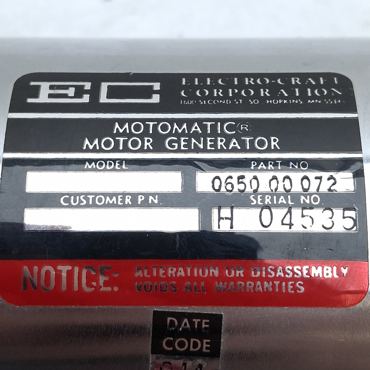 Used Electro-Craft 0650-00-072 Motomatic Motor Generator, ø3/8in Shaft, Foot Mount
