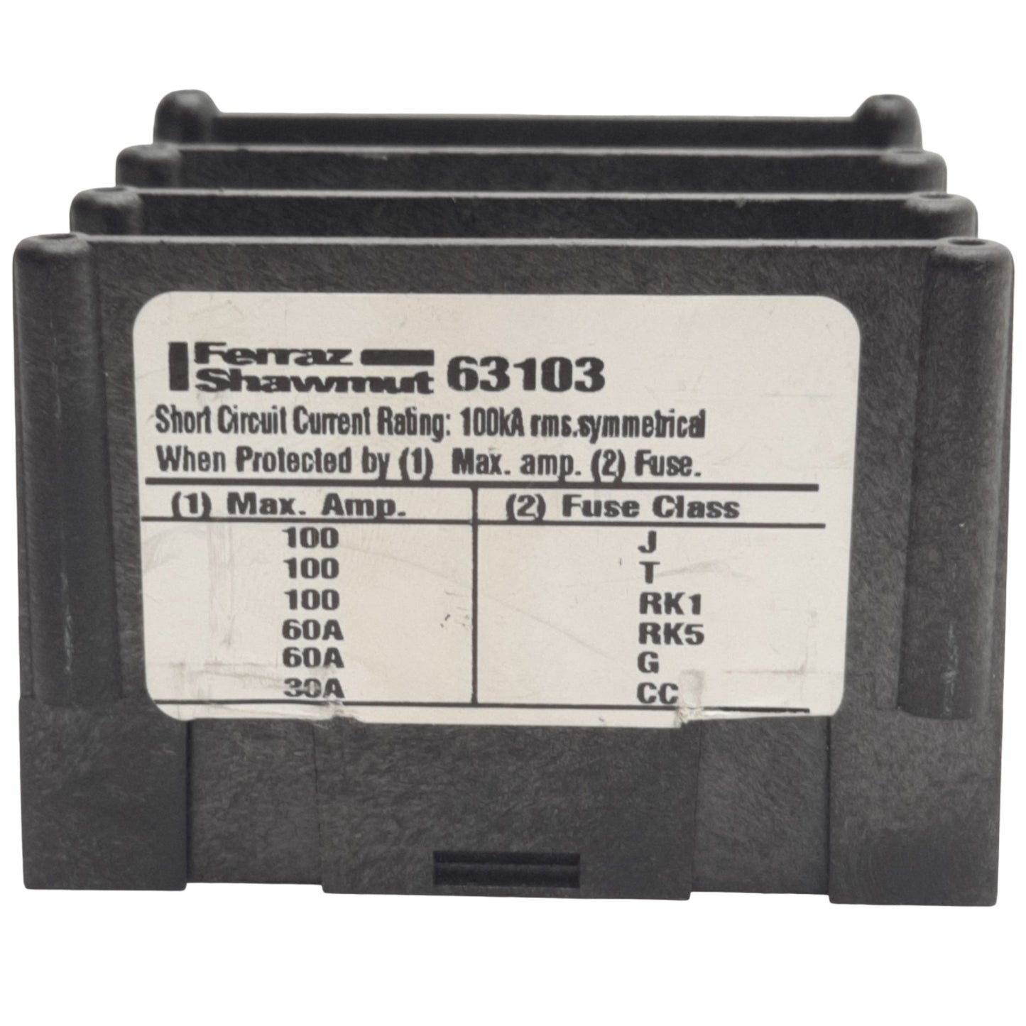 Used Ferraz Shawmut 63103 Fuse Block 3 Pole, 600V, 85A, #4-14 Wire Size, Panel Mount