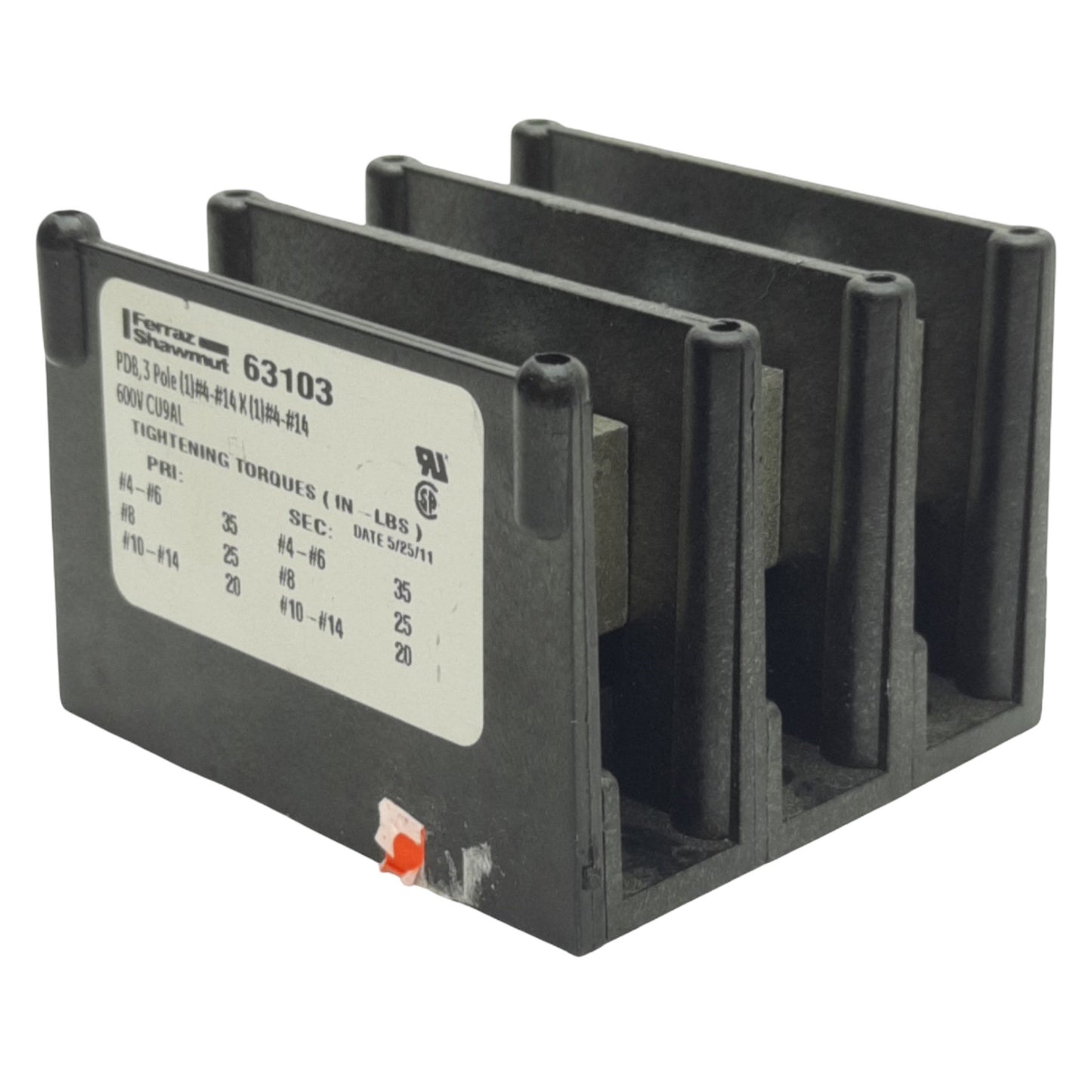 Used Ferraz Shawmut 63103 Fuse Block 3 Pole, 600V, 85A, #4-14 Wire Size, Panel Mount
