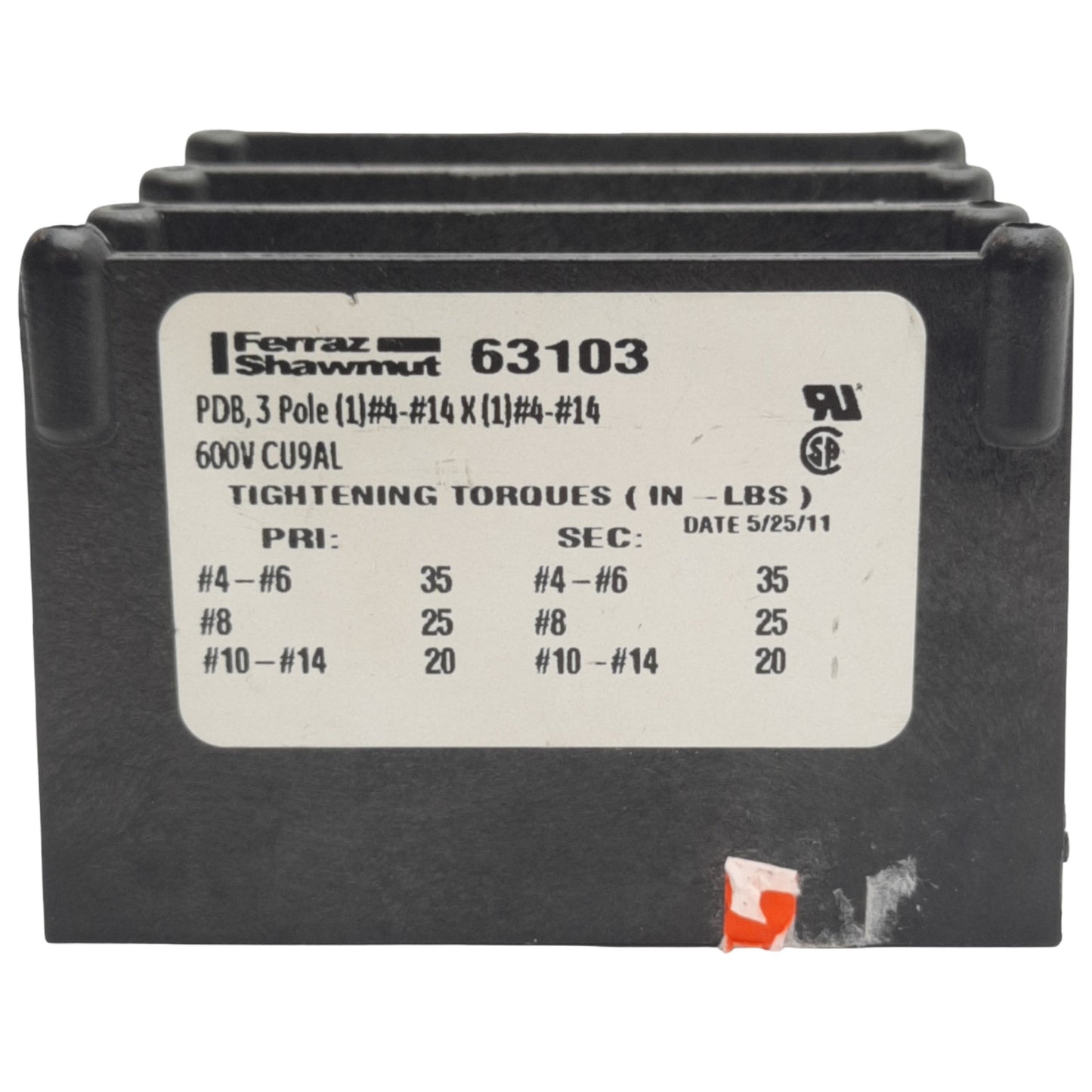 Used Ferraz Shawmut 63103 Fuse Block 3 Pole, 600V, 85A, #4-14 Wire Size, Panel Mount