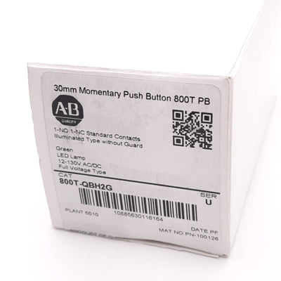 New Allen Bradley 800T-QBH2G Illuminated Pushbutton, ø30mm, 1NO+1NC, 600V 10A Max