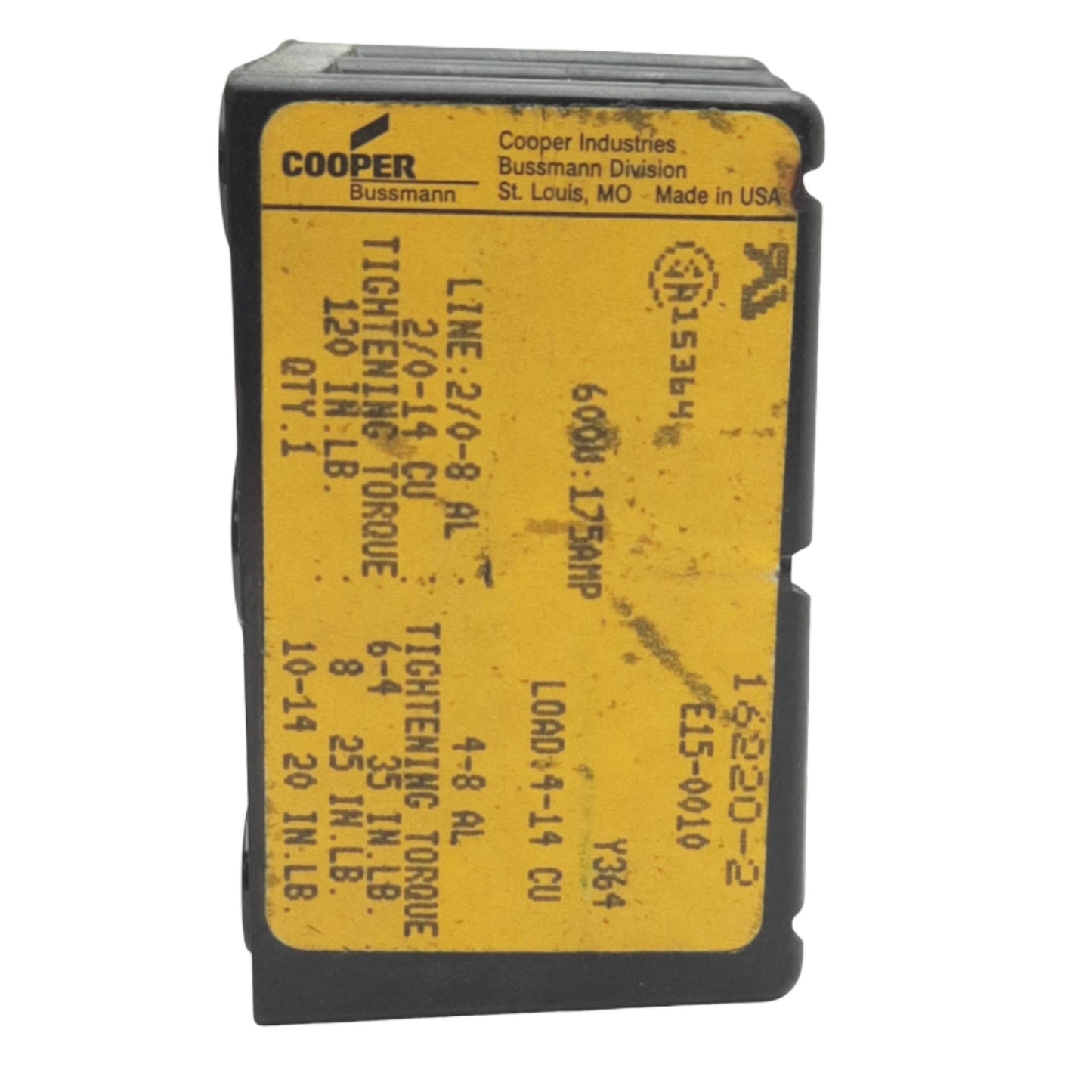 Used Bussmann 16220-2 Power Distribution Block 600VAC/DC, 175A, 2-Poles, 10kA