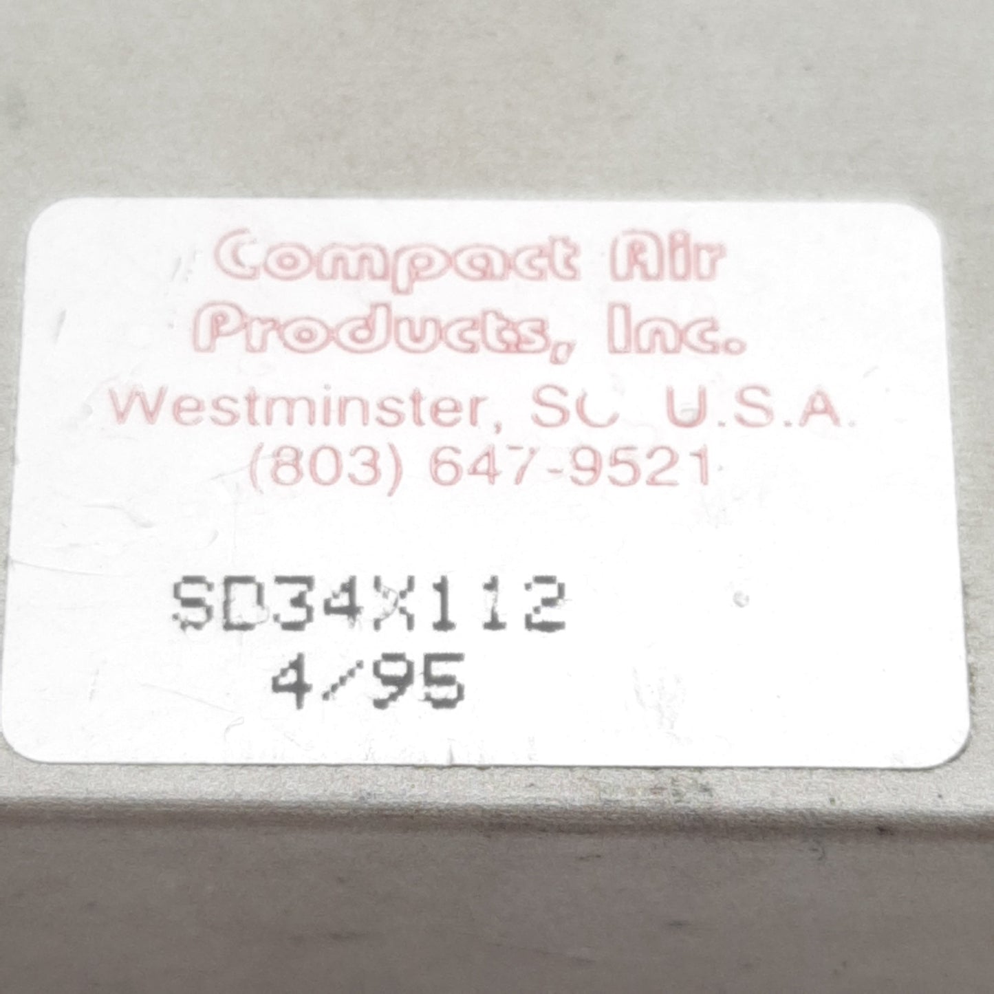 Used Compact SD34X112 Pneumatic Cylinder, ø3/4in Bore, 1-1/2in Stroke, #10-32, 250psi