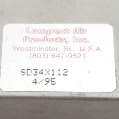 Used Compact SD34X112 Pneumatic Cylinder, ø3/4in Bore, 1-1/2in Stroke, #10-32, 250psi