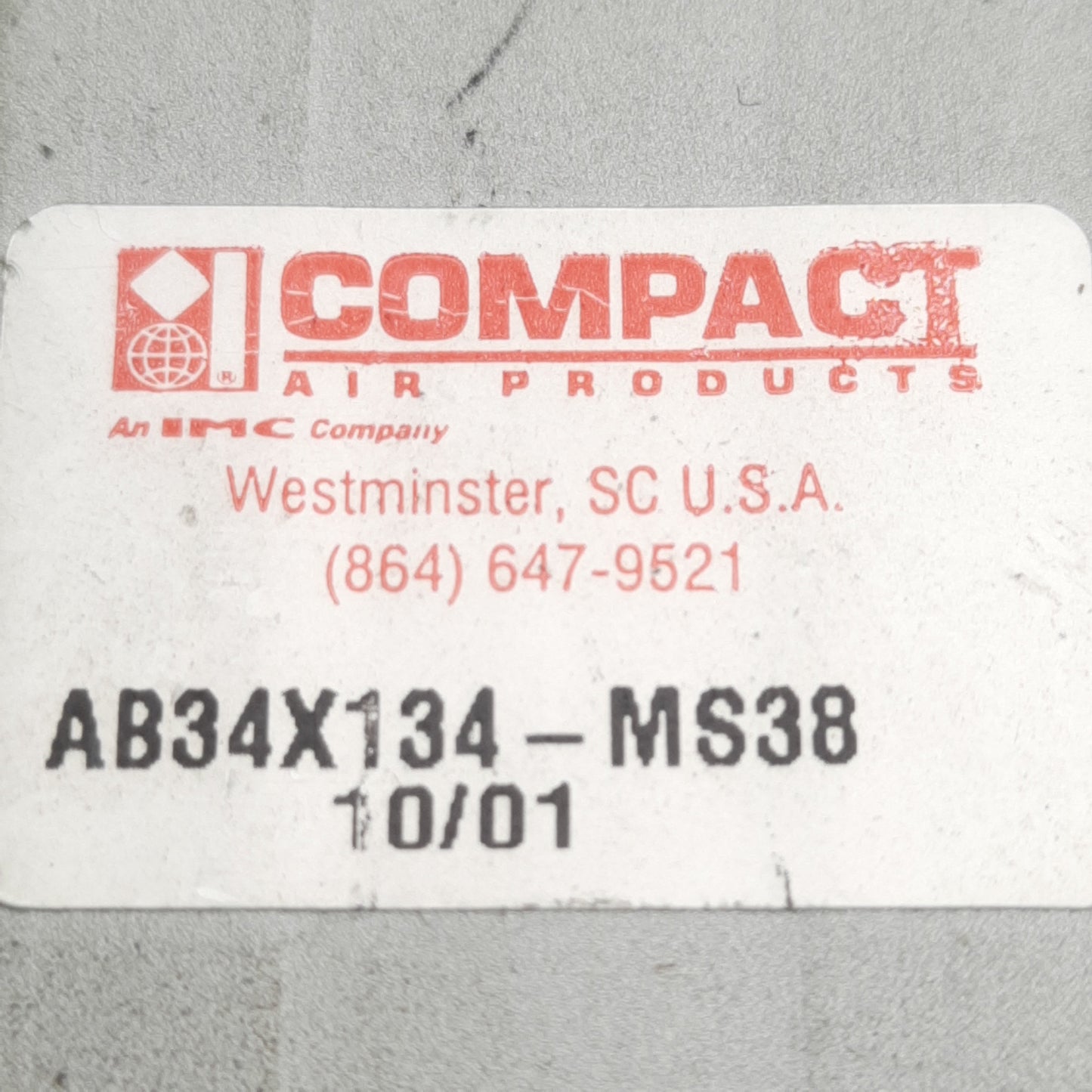 Used Compact AB34X134-MS38 Pneumatic Cylinder, ø3/4in Bore, 1-3/4in Stroke, #10-32