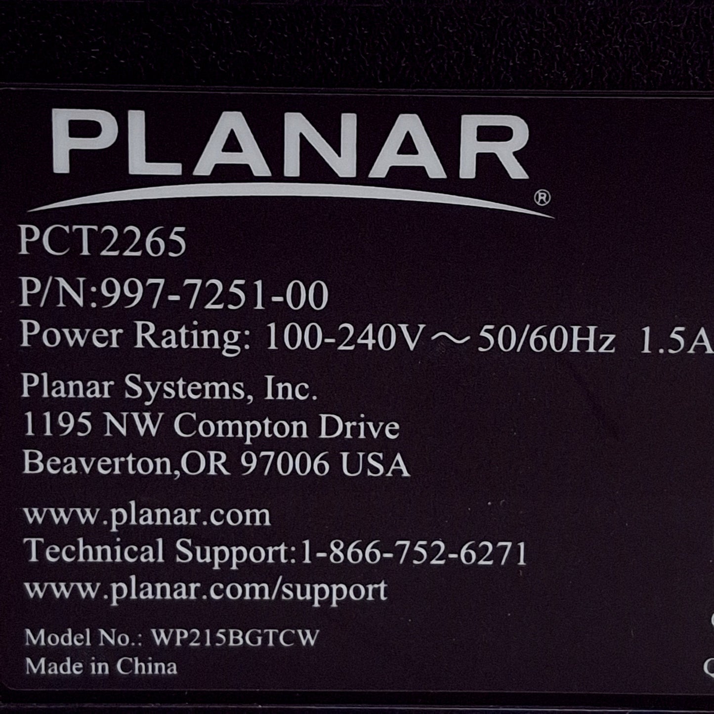 Used Planar PCT2265 Touchscreen Monitor, 22.5in TFT Color LCD, 1920x1080, VESA 100