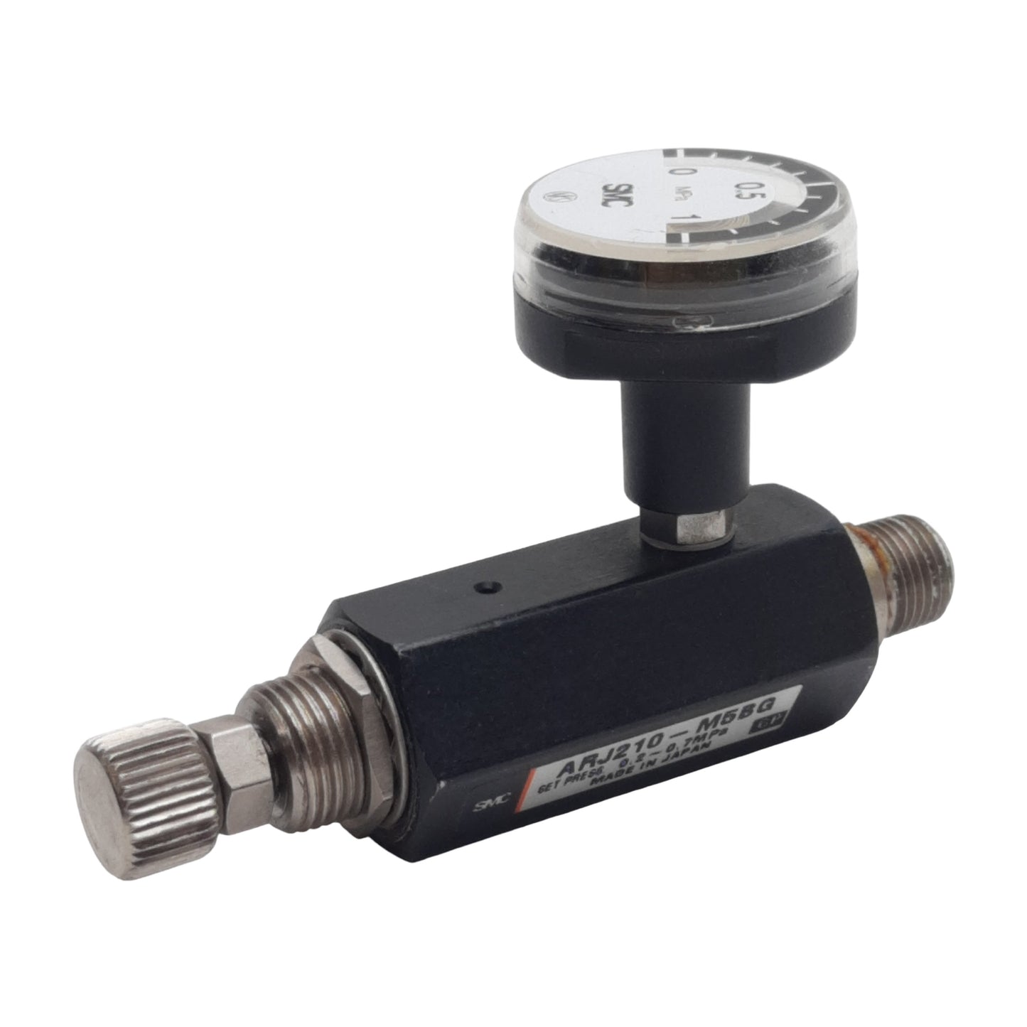 Used SMC ARJ210-M5G Miniature Regulator, 0.2-0.7MPa, 0.8MPa Max, 1/8in NPT Male, M5