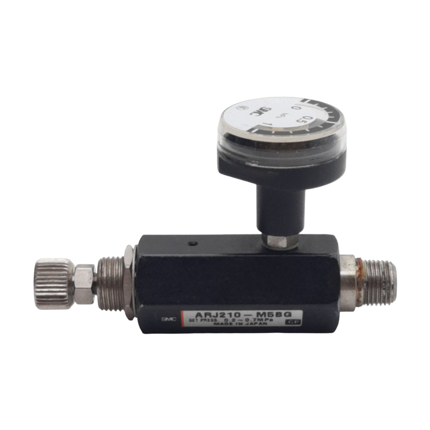 Used SMC ARJ210-M5G Miniature Regulator, 0.2-0.7MPa, 0.8MPa Max, 1/8in NPT Male, M5