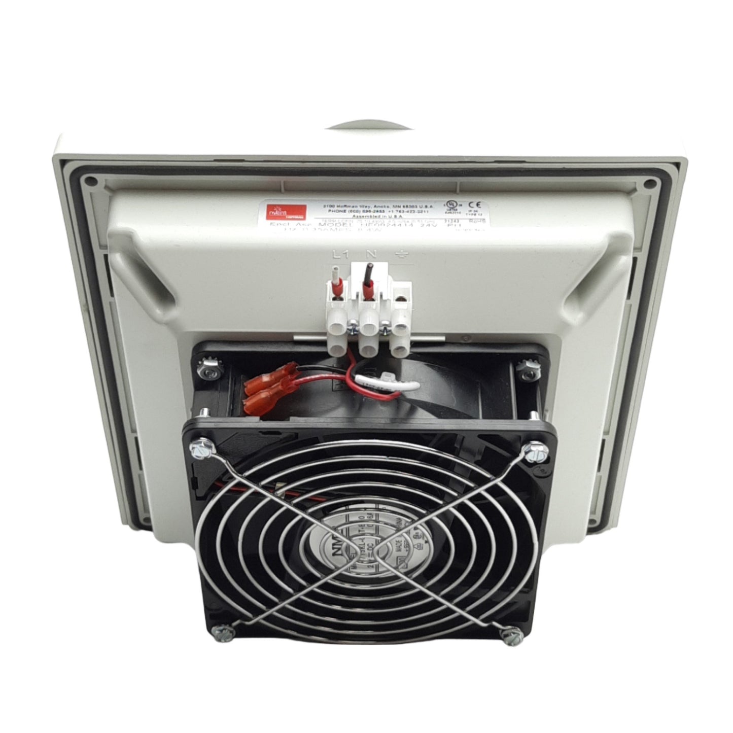 Used Hoffman HF0924414 nvent Side-Mount Filter Fan Lt Gray, 24VDC, 70 CFM, 8x8x4"