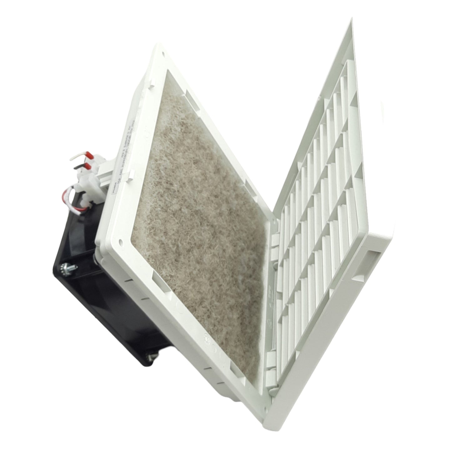 Used Hoffman HF0924414 nvent Side-Mount Filter Fan Lt Gray, 24VDC, 70 CFM, 8x8x4"