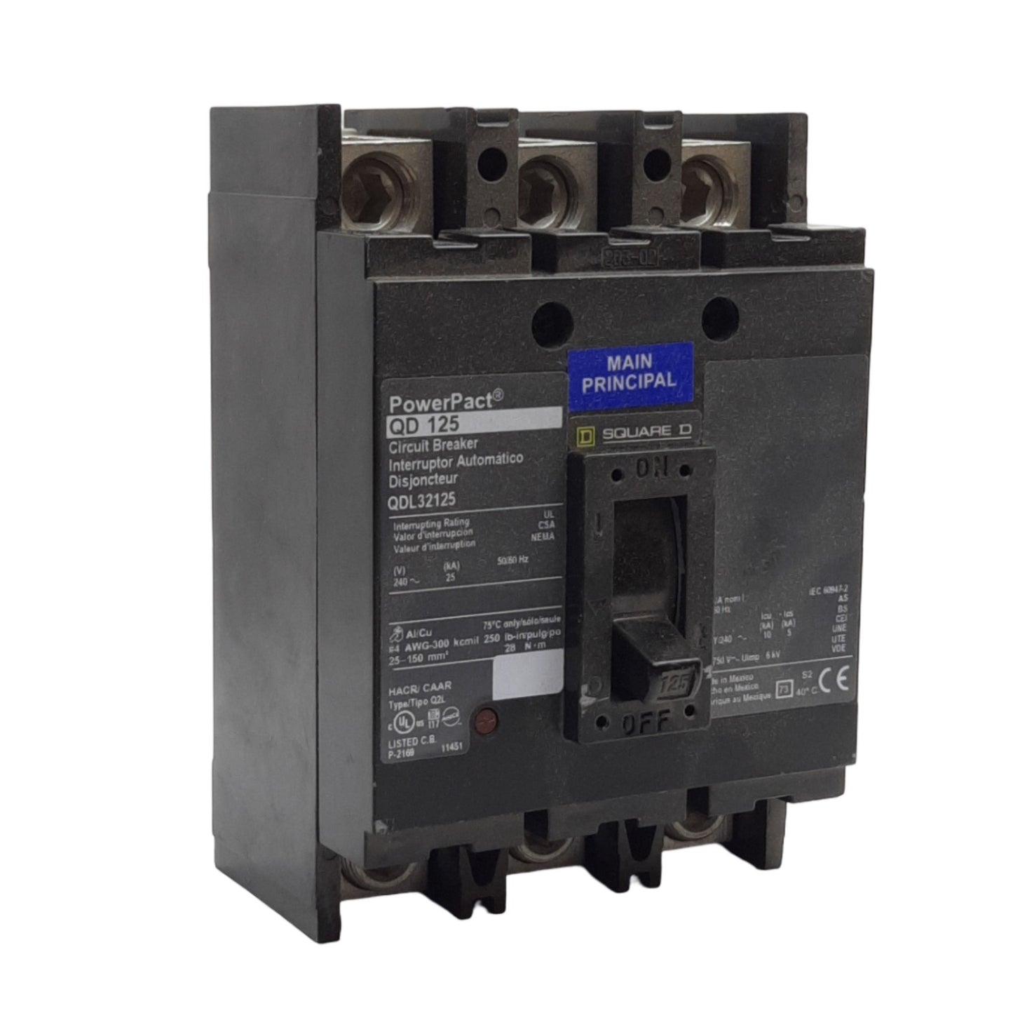 Used Schneider Square D QDL32125 PowerPact Circuit Breaker 3-Pole, 415Y/240VAC 125A