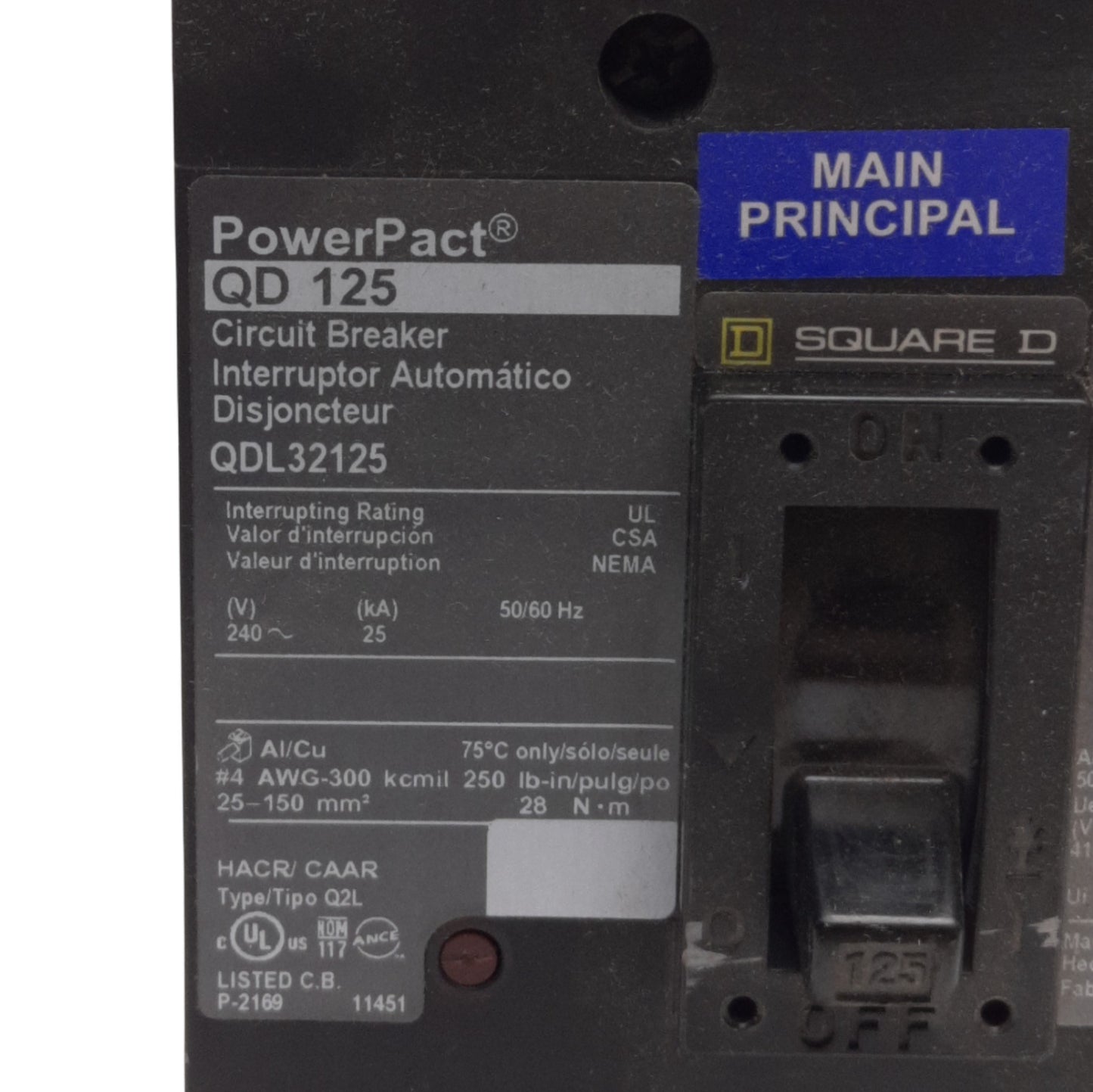 Used Schneider Square D QDL32125 PowerPact Circuit Breaker 3-Pole, 415Y/240VAC 125A