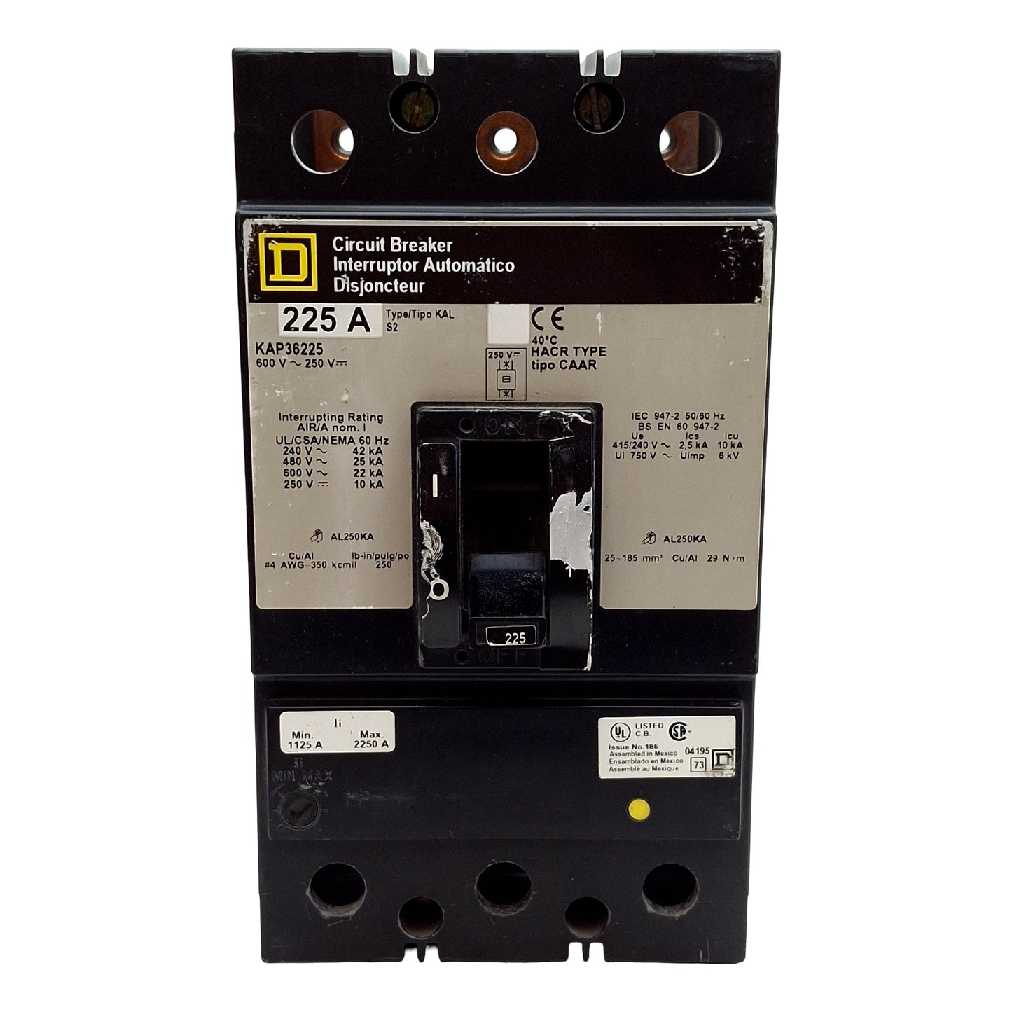 Used Square D KAP36225 Molded Case Circuit Breaker, 3-Pole, 225A 650VAC/250VDC