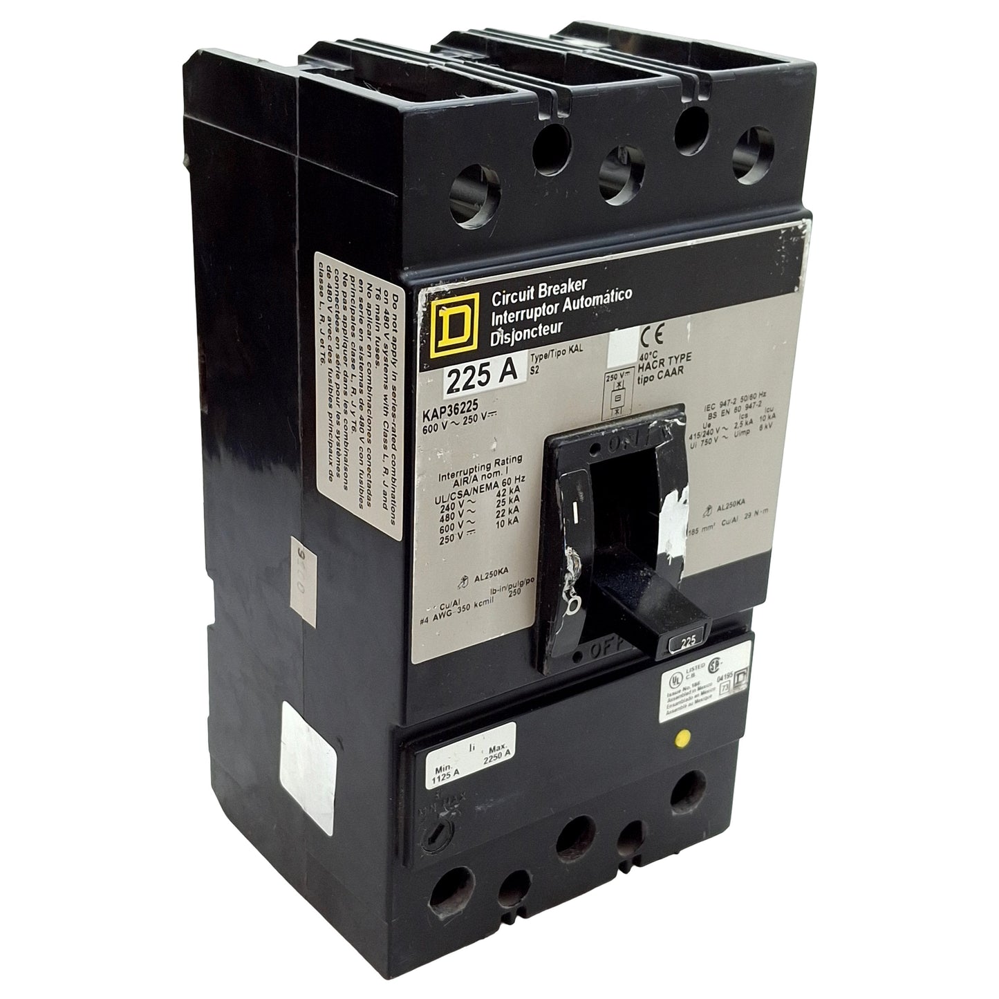 Used Square D KAP36225 Molded Case Circuit Breaker, 3-Pole, 225A 650VAC/250VDC