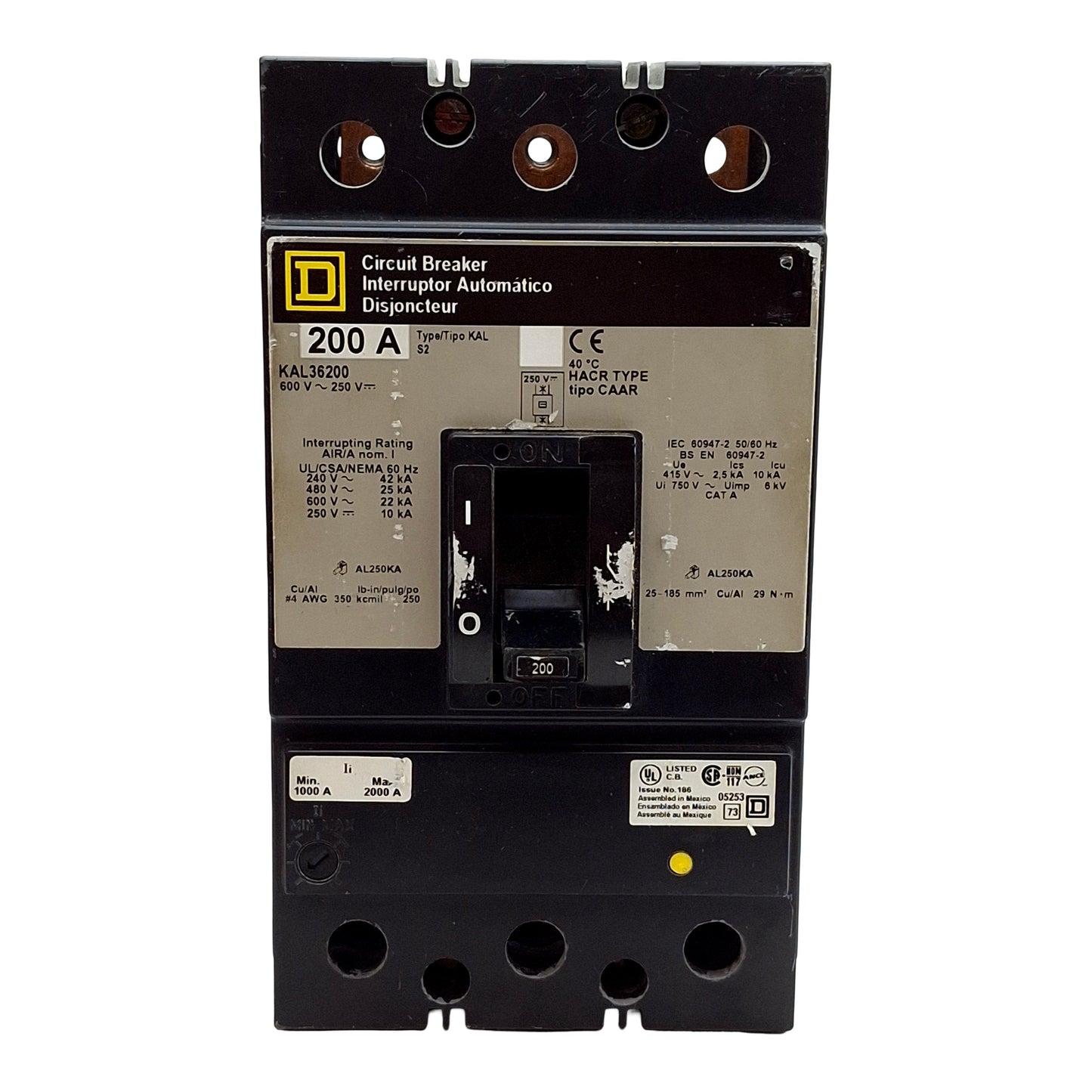 Used Square D KAP36200 Molded Case Circuit Breaker, 3-Pole, 200A 650VAC/250VDC