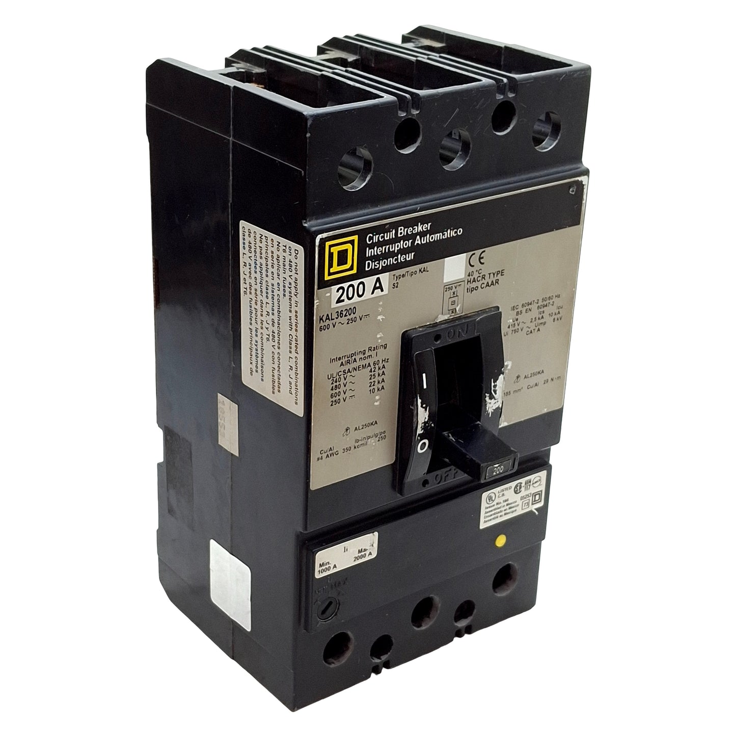 Used Square D KAP36200 Molded Case Circuit Breaker, 3-Pole, 200A 650VAC/250VDC