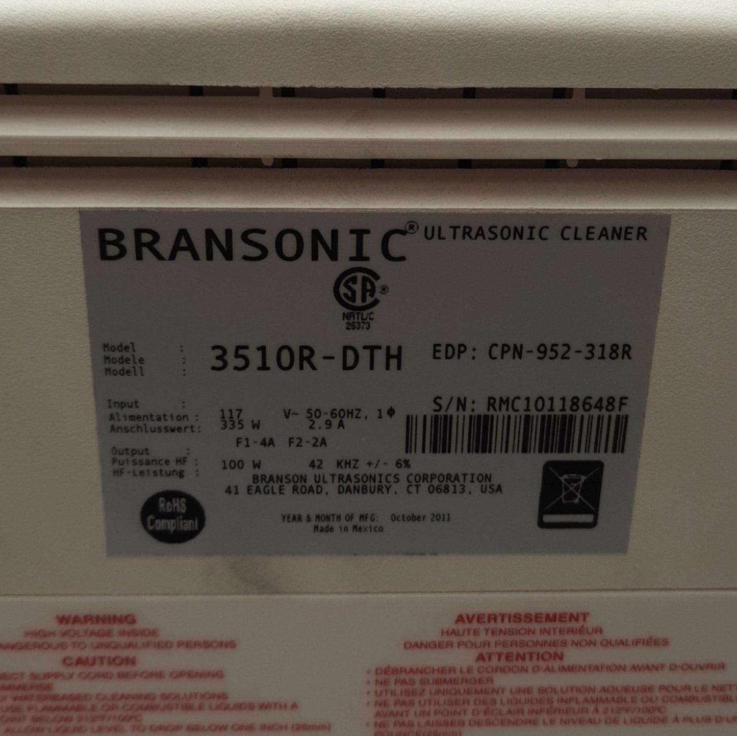 Used Branson 3510R-DTH Ultrasonic Bath Cleaner, 1.5gal, Ambient to 69°C, 117VAC 335W