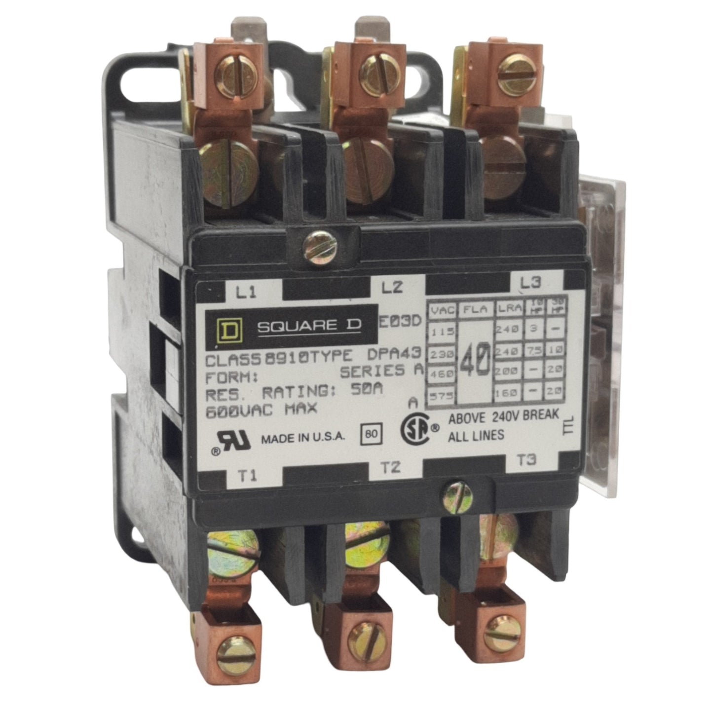 Used Square D 8910DPA43V02 Definite Purpose Contactor 40A, 120VAC Coil w/9999 D10 Aux