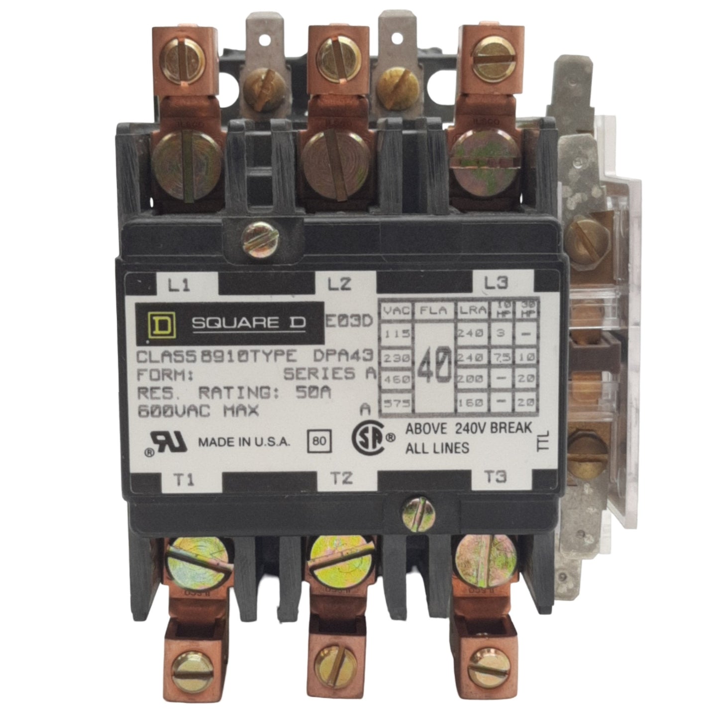 Used Square D 8910DPA43V02 Definite Purpose Contactor 40A, 120VAC Coil w/9999 D10 Aux