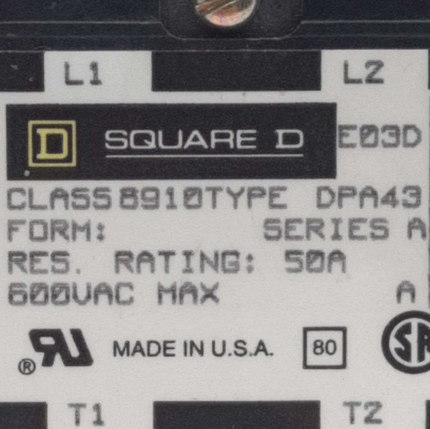 Used Square D 8910DPA43V02 Definite Purpose Contactor 40A, 120VAC Coil w/9999 D10 Aux