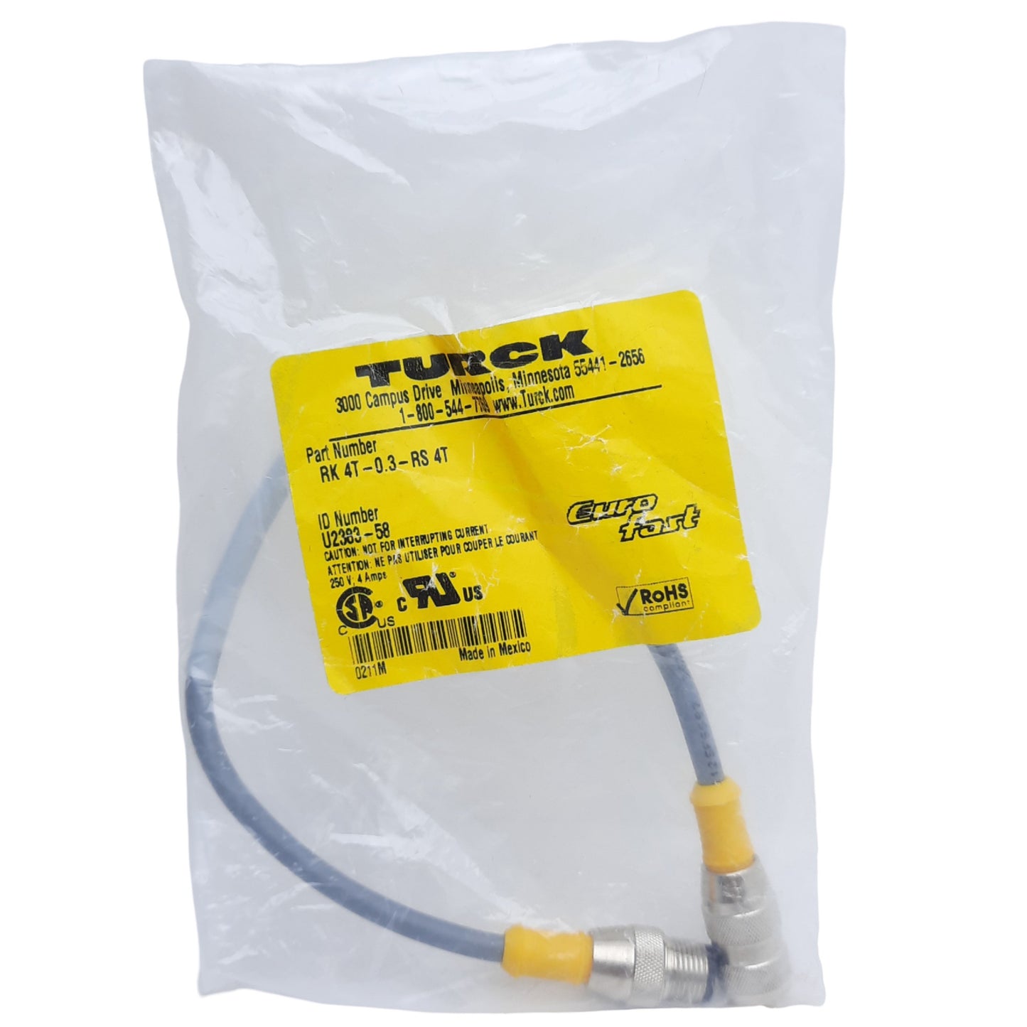 New Turck RK 4T-0.3-RS 4T EuroFast Cable 3-Pin M12 Female x M12 Male 250V 4A, 0.3m