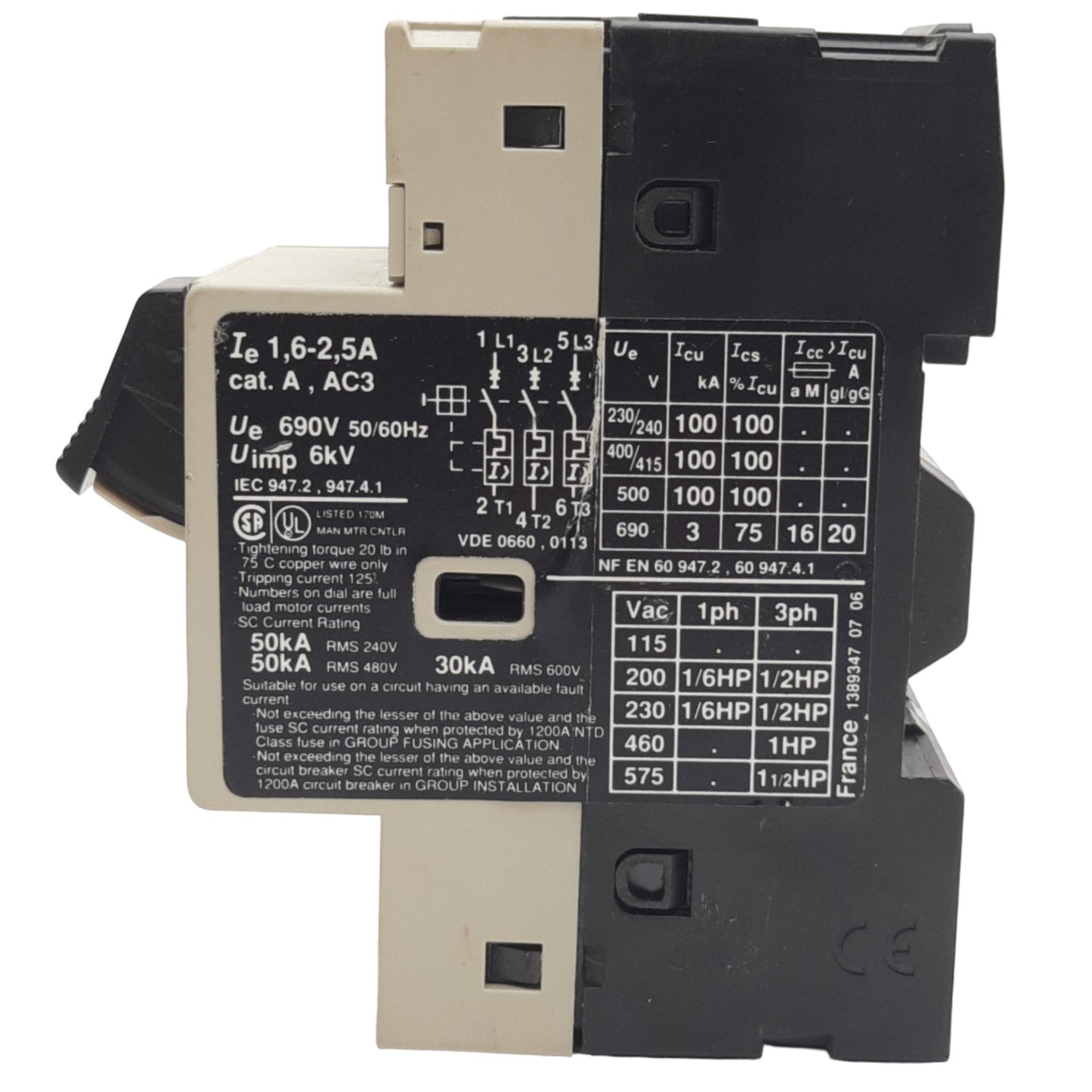 Used Telemecanique GV2-M07 Thermal-Magnetic Circuit-Breaker, 3-Pole, 1.6-2.5A, 690VAC