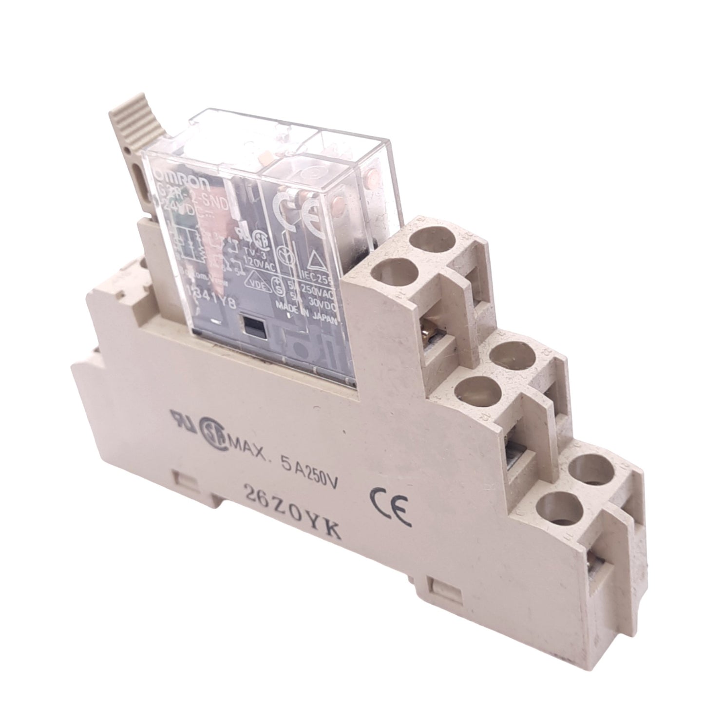 Used Omron G2R-2-SND Relay, DPDT, 8-Pin, 250VAC/30VDC, DIN Rail Socket, 24VDC Coil