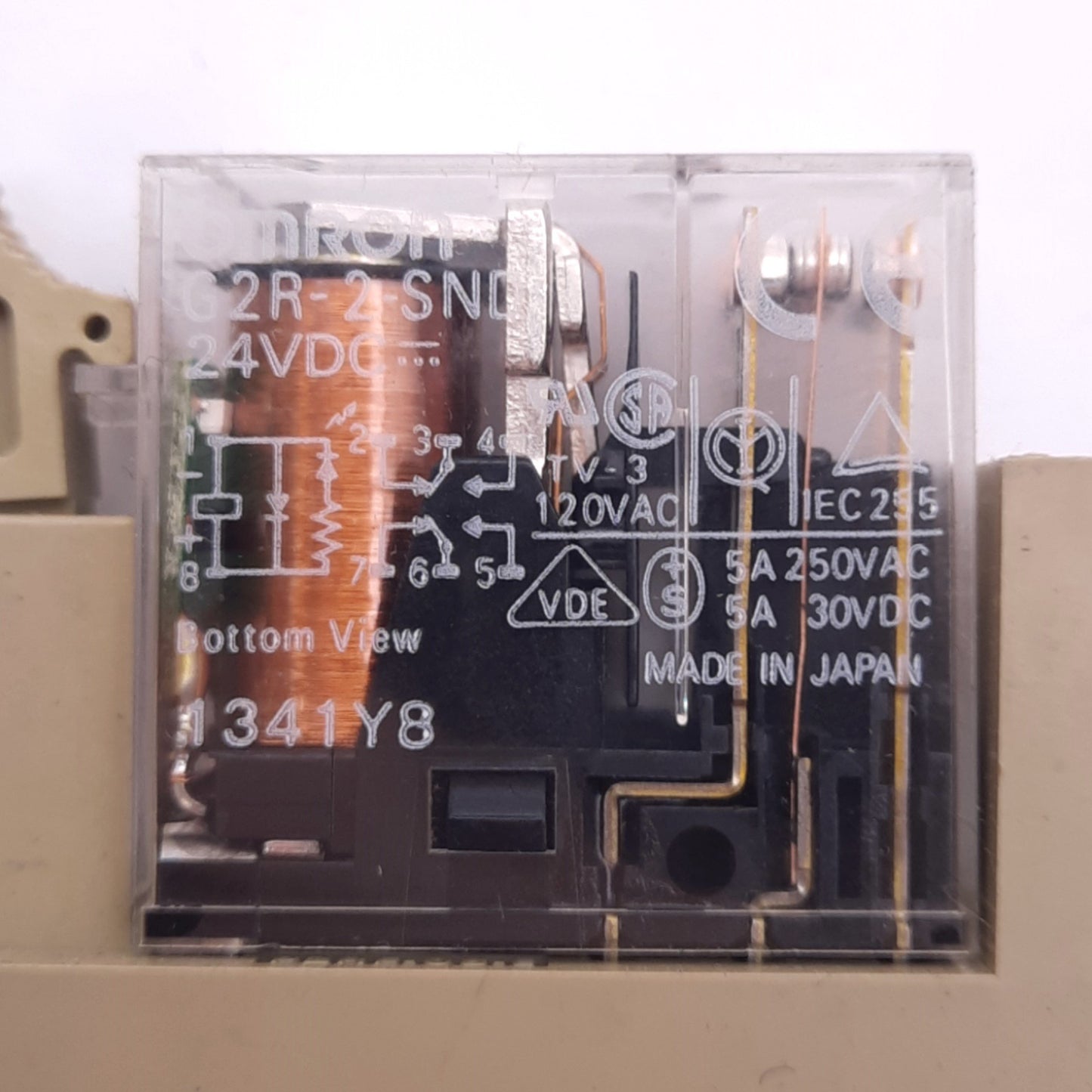Used Omron G2R-2-SND Relay, DPDT, 8-Pin, 250VAC/30VDC, DIN Rail Socket, 24VDC Coil