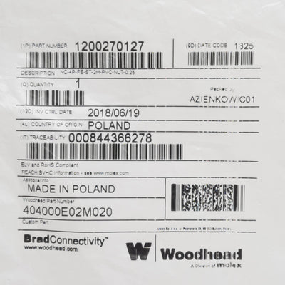New Woodhead 1200270127 Cordset, 4-Pin M8 Female Straight to Flying Leads, 2m