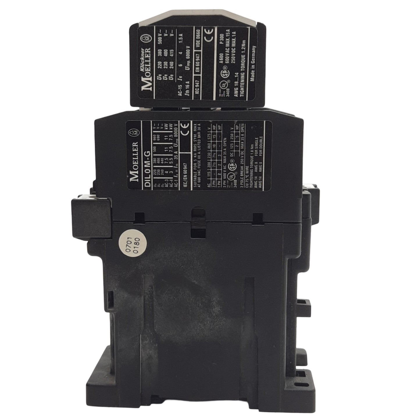 Used Moeller DIL0M-G Contactor 3-Pole 600VAC, W/ 04DIL Auxiliary Contact, 24VDC Coil