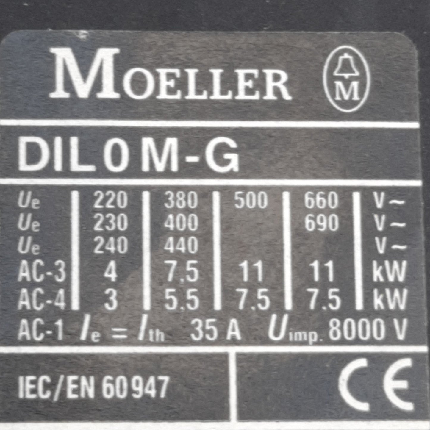 Used Moeller DIL0M-G Contactor 3-Pole 600VAC, W/ 04DIL Auxiliary Contact, 24VDC Coil