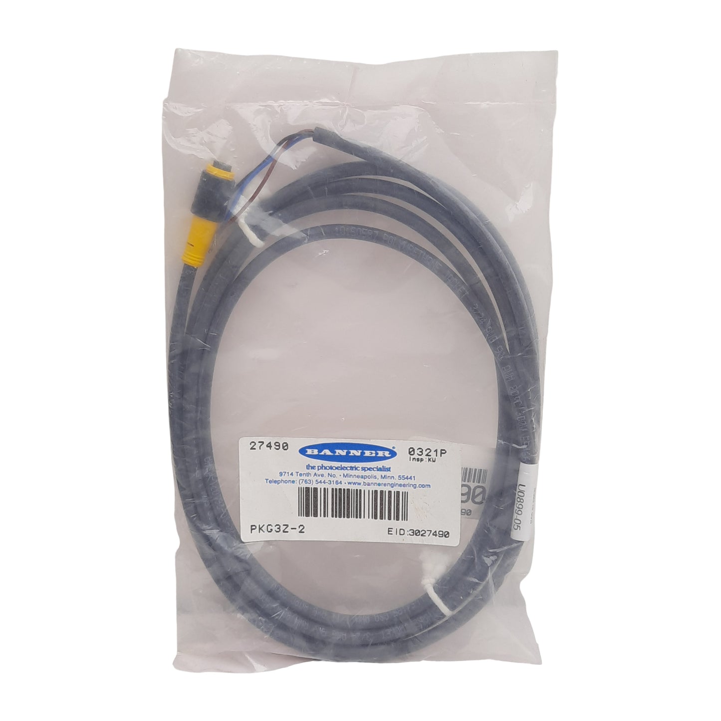 Used Banner PKG3Z-2 Cordset, 3-Pin M8 Female Straight to Flying Leads, 2A 125VAC, 2m