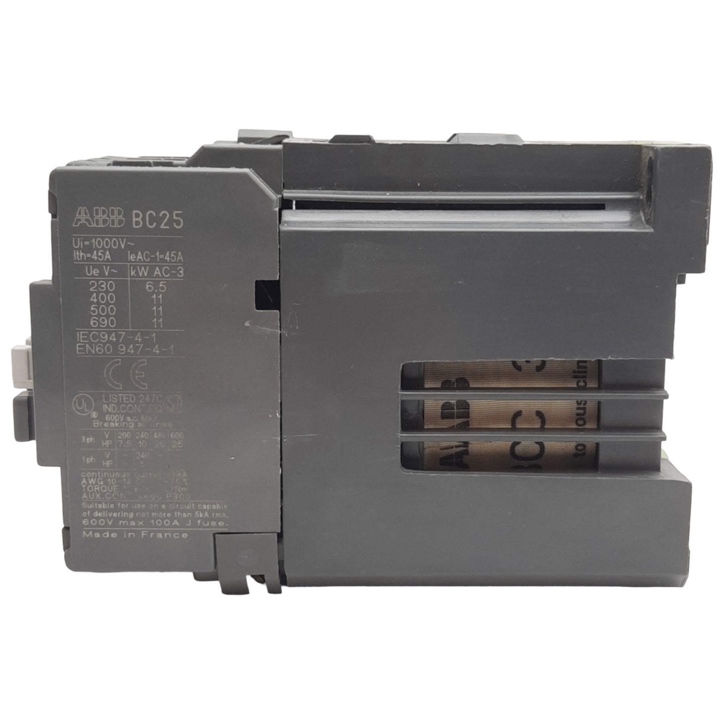 Used ABB BC25-30-10 Contactor 3-Pole, 1NO Auxiliary, 600VAC, 33A, 24VDC Coil