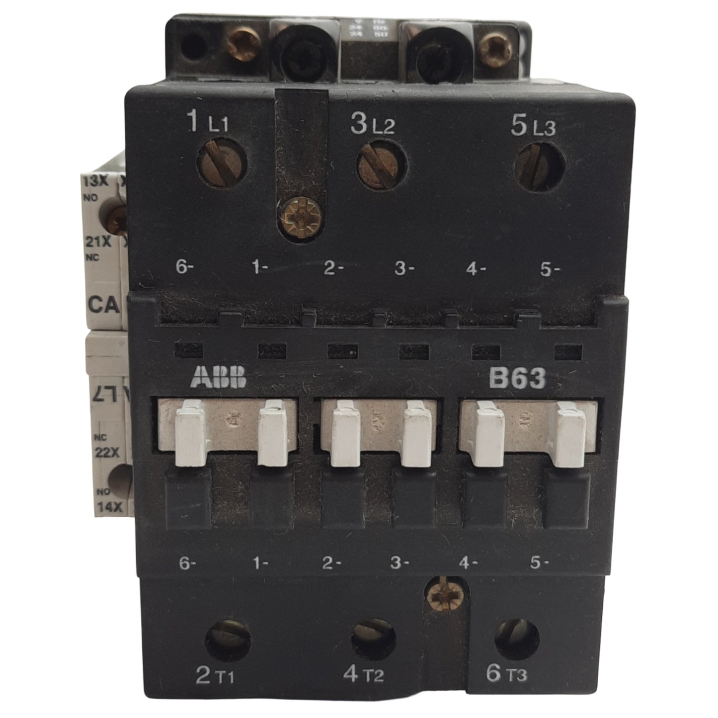 Used ABB B63C-1 Contactor 600VAC, 85A, With CAL7-11, 1NO + 1NC Auxiliary, 24V Coil