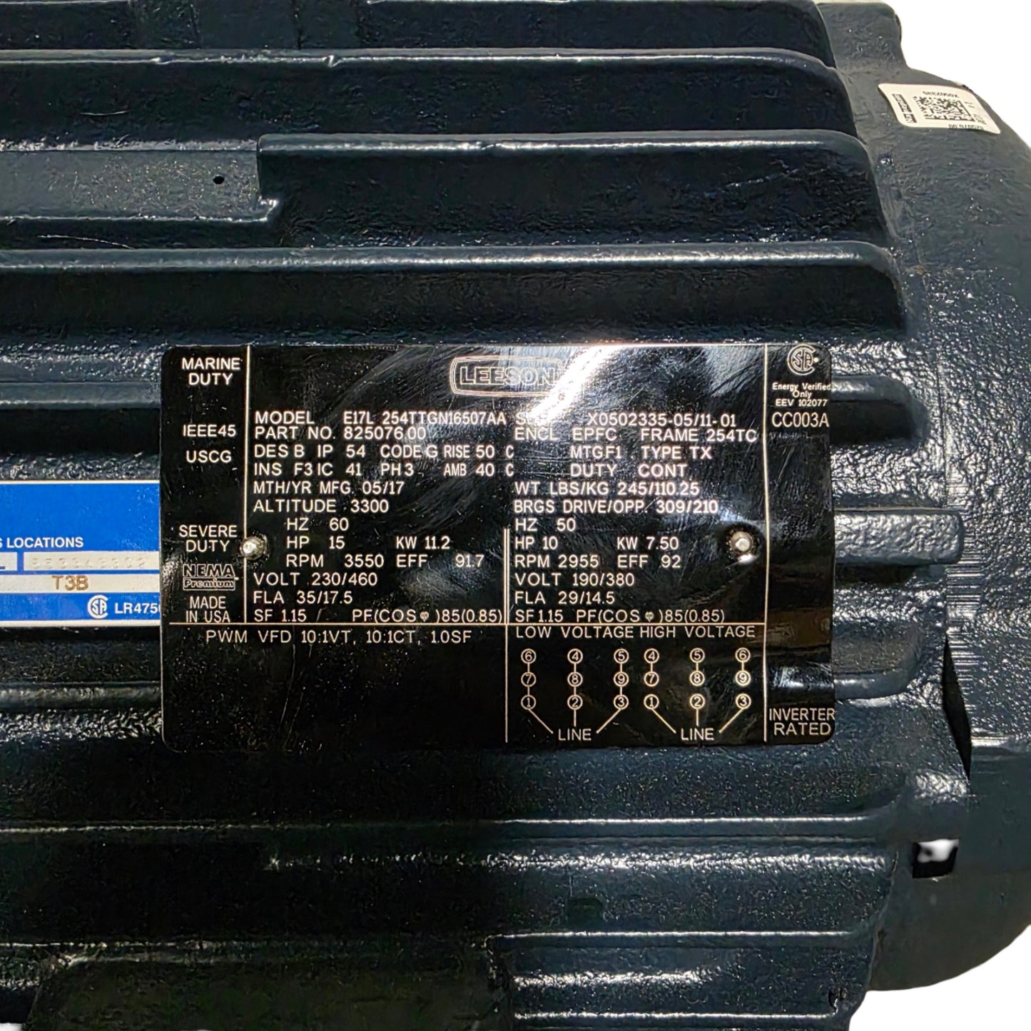 Used Leeson 825076.00 Explosion Proof Motor 15HP, 3550RPM, 254TC, 230/460VAC 3-Ph
