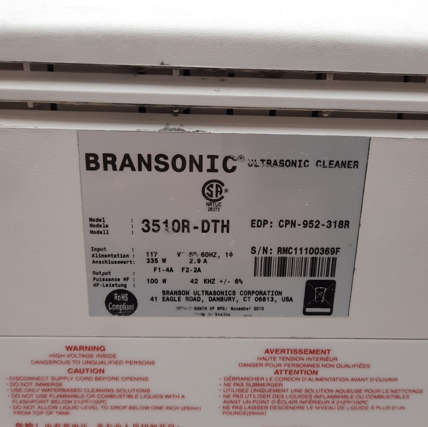 Used Branson 3510R-DTH Ultrasonic Bath Cleaner, 1.5gal, Ambient to 69°C, 117VAC *Lid*