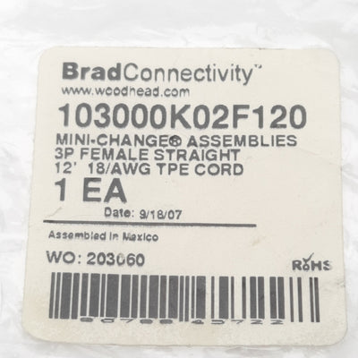 New BradConnectivity 103000K02F120 Cordset 3P Size A Mini-Change Female to Leads 12'