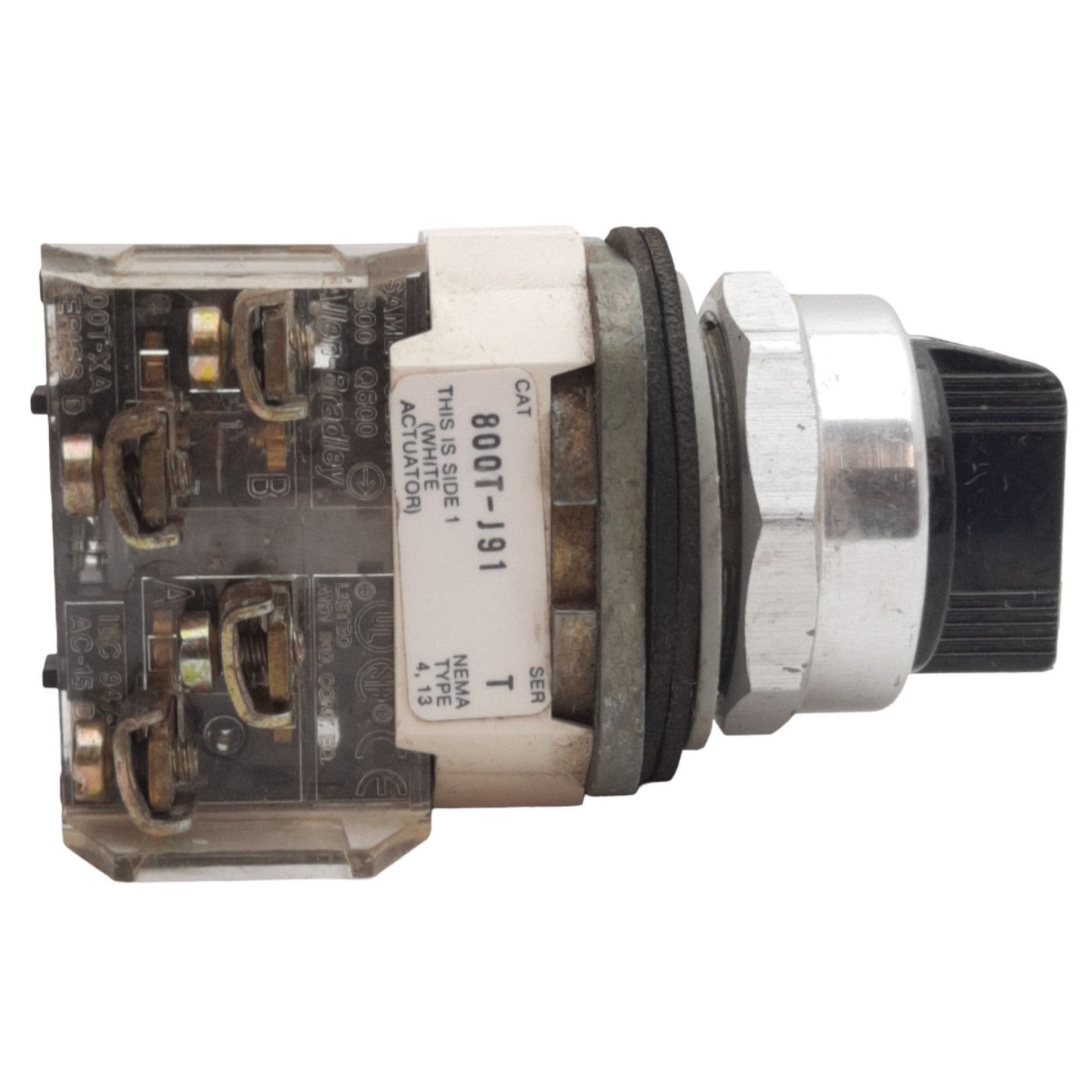 Used Allen Bradley 800T-J91 Selector Switch, 3-Position Knob, 30mm, Spring Return