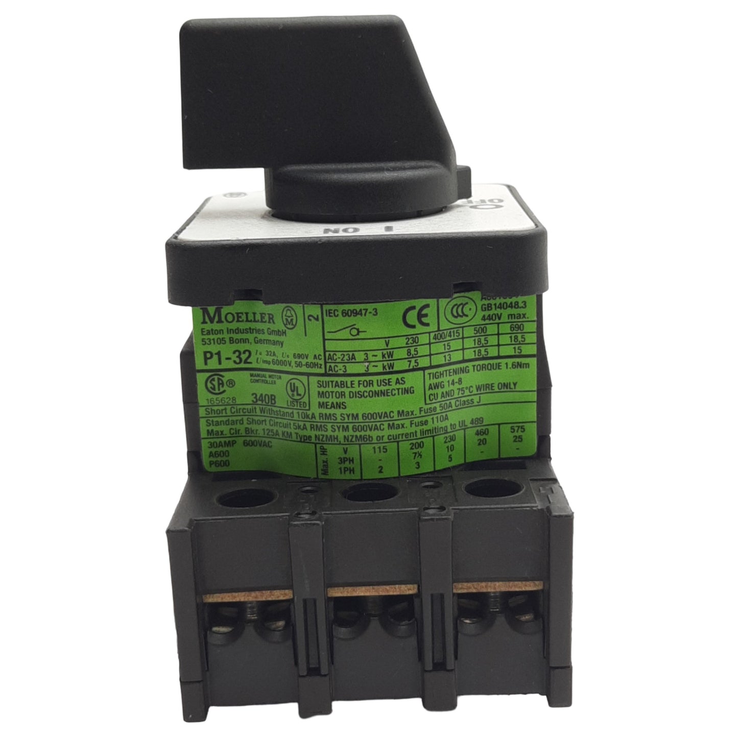 Used Moeller P1-32 °90 Rotary Disconnect Switch, 3-Pole, 30A, 600VAC, 1 NO