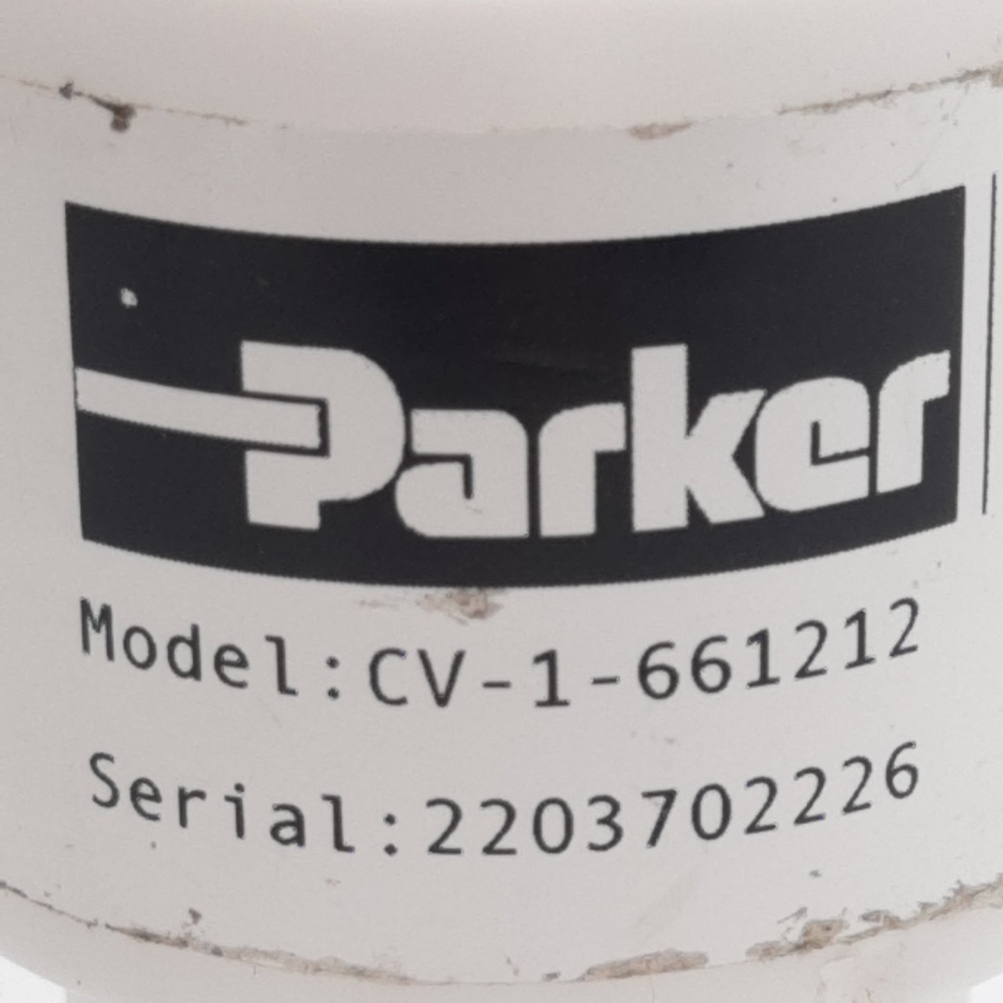 Used Parker CV-1-661212 Check Valve, 3/4in Parflare, 0.25-0.75psig, PTFE