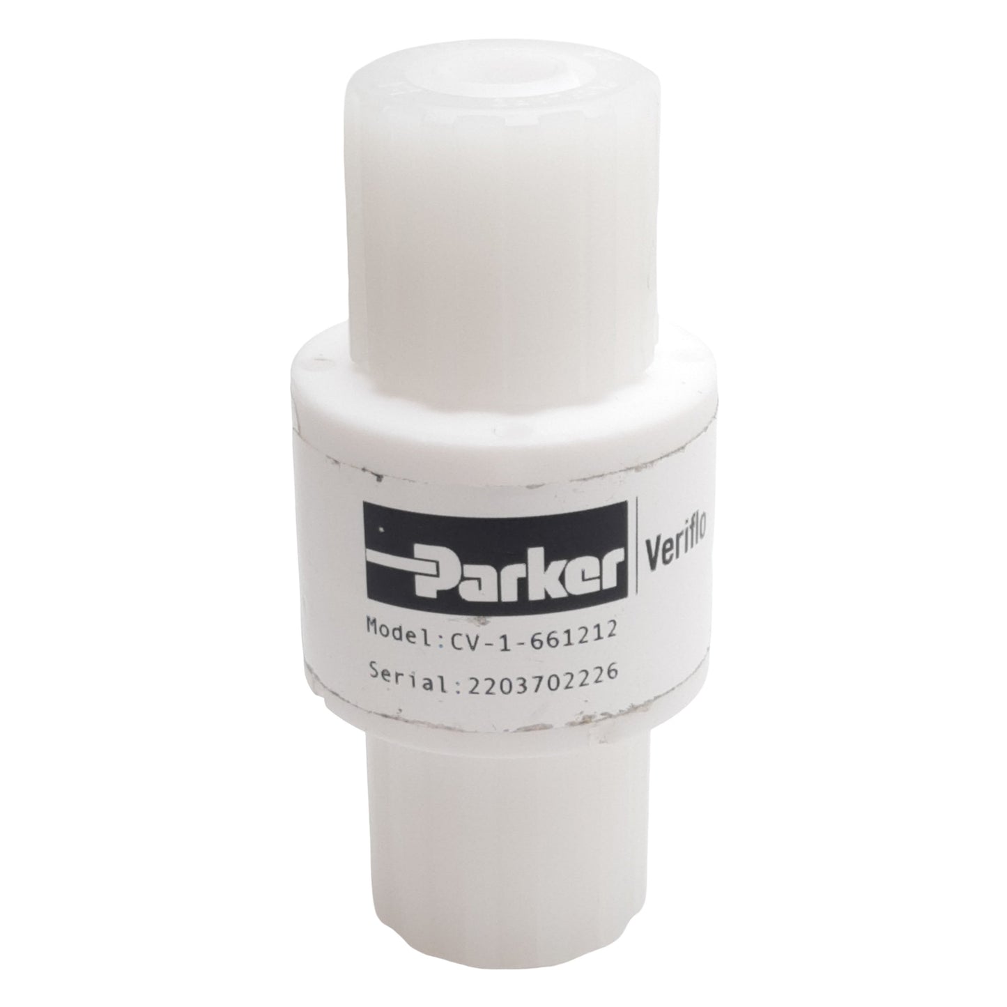Used Parker CV-1-661212 Check Valve, 3/4in Parflare, 0.25-0.75psig, PTFE