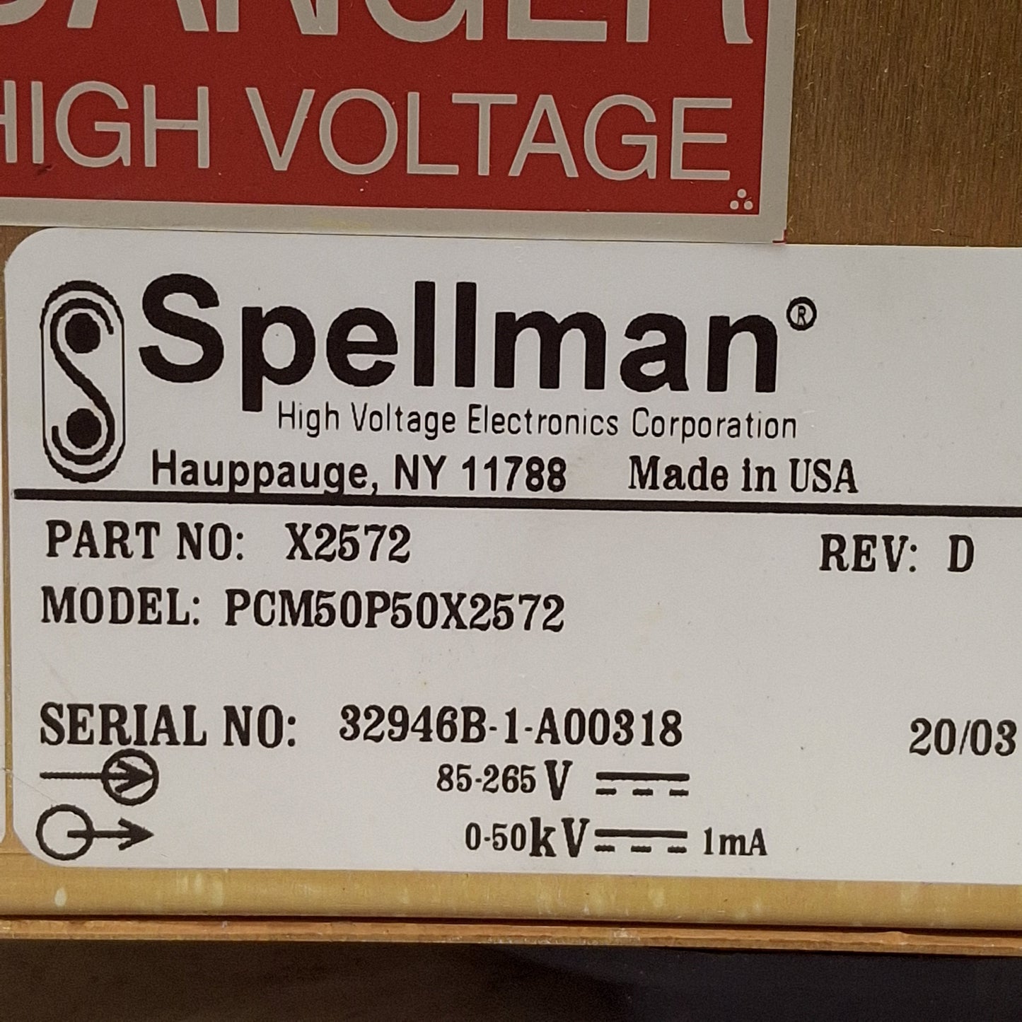 Used Spellman PCM50P50X2572 X-Ray Power Supply, 85-265VAC IN, 0-50kVDC 1mA OUT