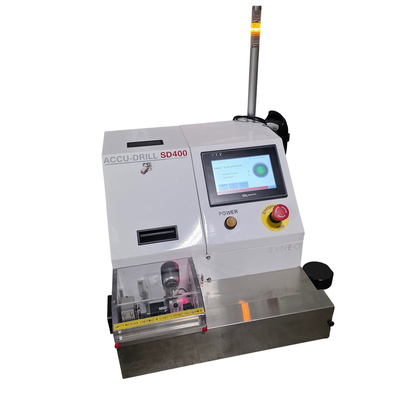 Used Syneo Accu Drill SD400 Horizontal Automated Hole Driller 0-4000RPM, 120VAC