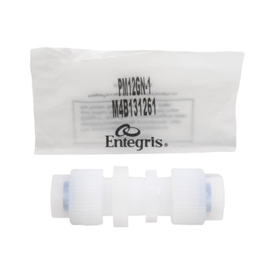 New Entegris PM12GN-1 Straight Union Fitting, 3/4" x 3/4" QuikGrip, Panel Mount, PFA