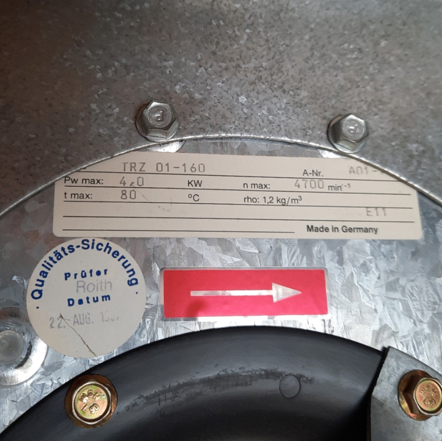 Used Wolter TRZ 01-160 Centrifugal Fan W/ Motor, 208-230/460VAC 3-Ph, Up to 2000CFM