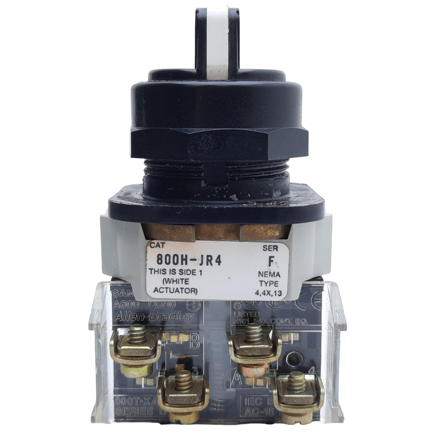 Used Allen Bradley 800H-JR4 Selector Switch, 3-Position Knob, 30mm, Spring Return