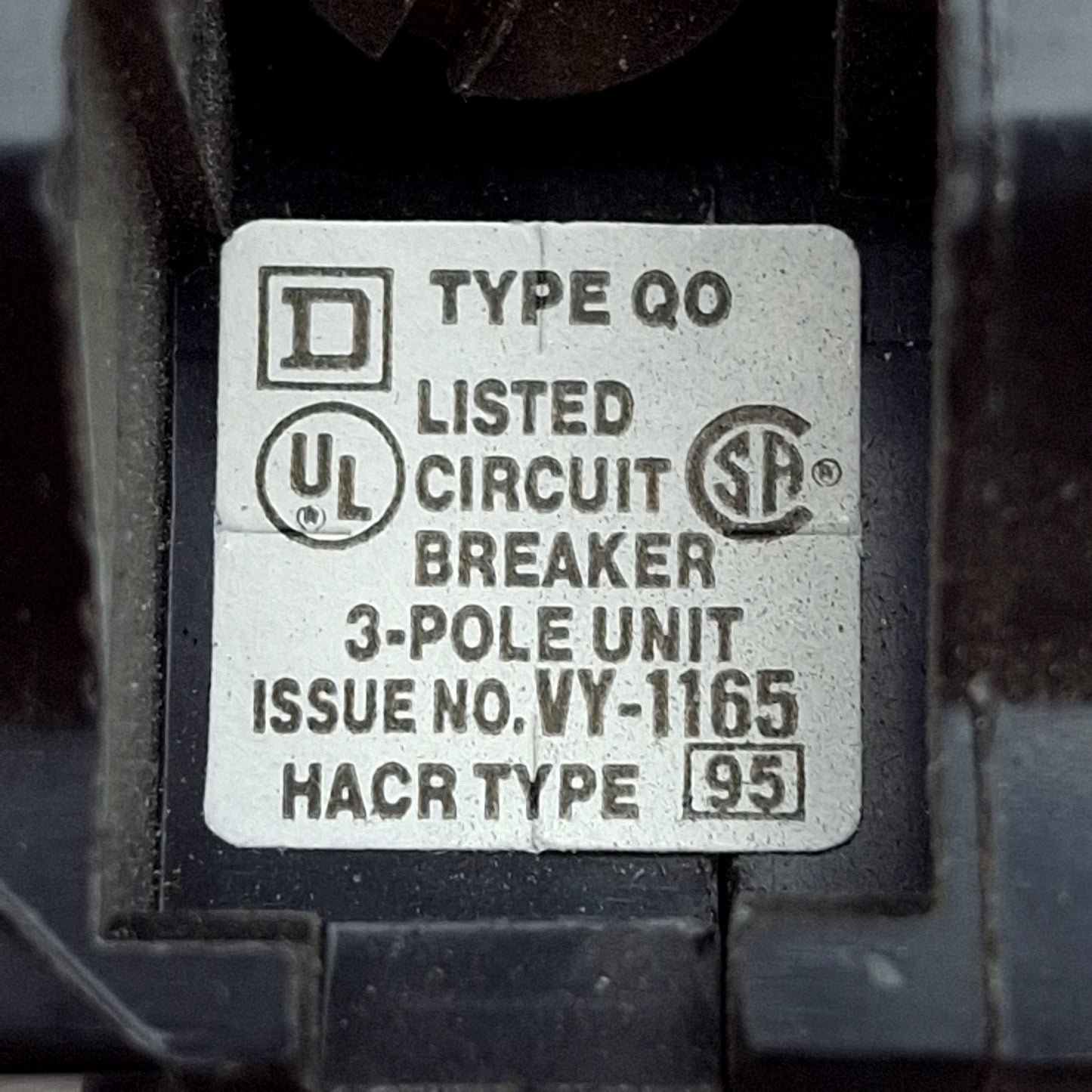 Used Square D QO320 Miniature Circuit Breaker, 3-Pole, 20A, 120/240VAC, Plug-In