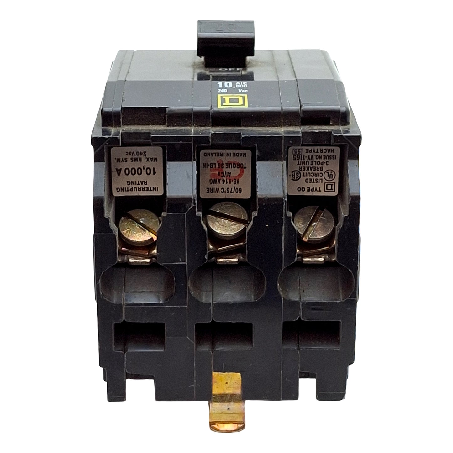 Used Square D QO320 Miniature Circuit Breaker, 3-Pole, 20A, 120/240VAC, Plug-In